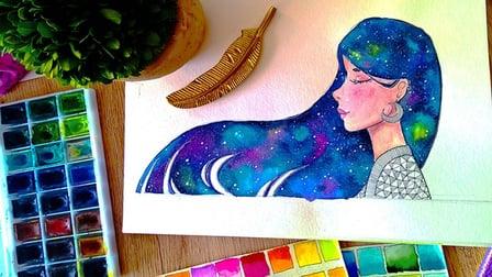Watercolor Galaxy Painting #1 - Nebulae Hair + FREE line art template (Skillshare)