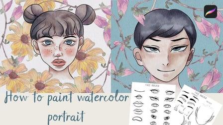 How to paint digital watercolor portrait in Procreate + free brush and face builder sets (Skillshare)