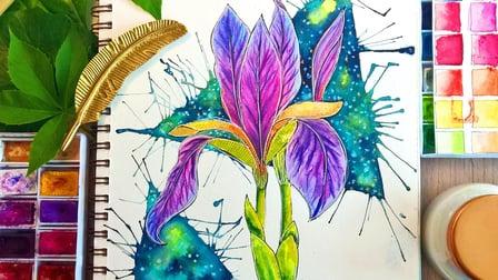 Watercolor Galaxy Painting #3 - Iris Flower [ FREE LINE ART TEMPLATE] (Skillshare)